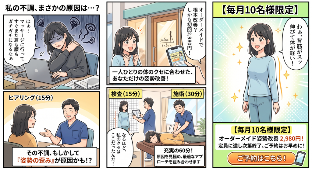 【毎月10名様限定】その不調、姿勢の歪みが原因かも？ オーダーメイド姿勢改善 2,980円 「マッサージに行ってもすぐぶり返す」「猫背が気になる」「産後の骨盤を整えたい」 そのお悩み、お一人おひとりの体のクセに合わせた《姿勢改善》で根本から見直しませんか？ 当店の姿勢改善は、画一的な施術ではありません。 カウンセリングであなたの身体の状態をチェックし、「猫背矯正」「骨盤矯正」など、今のお悩みに最適なアプローチを組み合わせます。 ◆ 初回限定：2,980円 まずは一度、背筋がスッと伸びる感覚をご体感ください。 ※毎月10名様限定の特別価格です。定員に達し次第終了となりますので、ご予約はお早めに。 ヒアリング（15分）＋検査（15分）＋施術（30分）